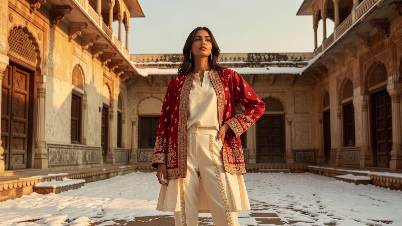Winter editorial — crimson and gold layered lookbook