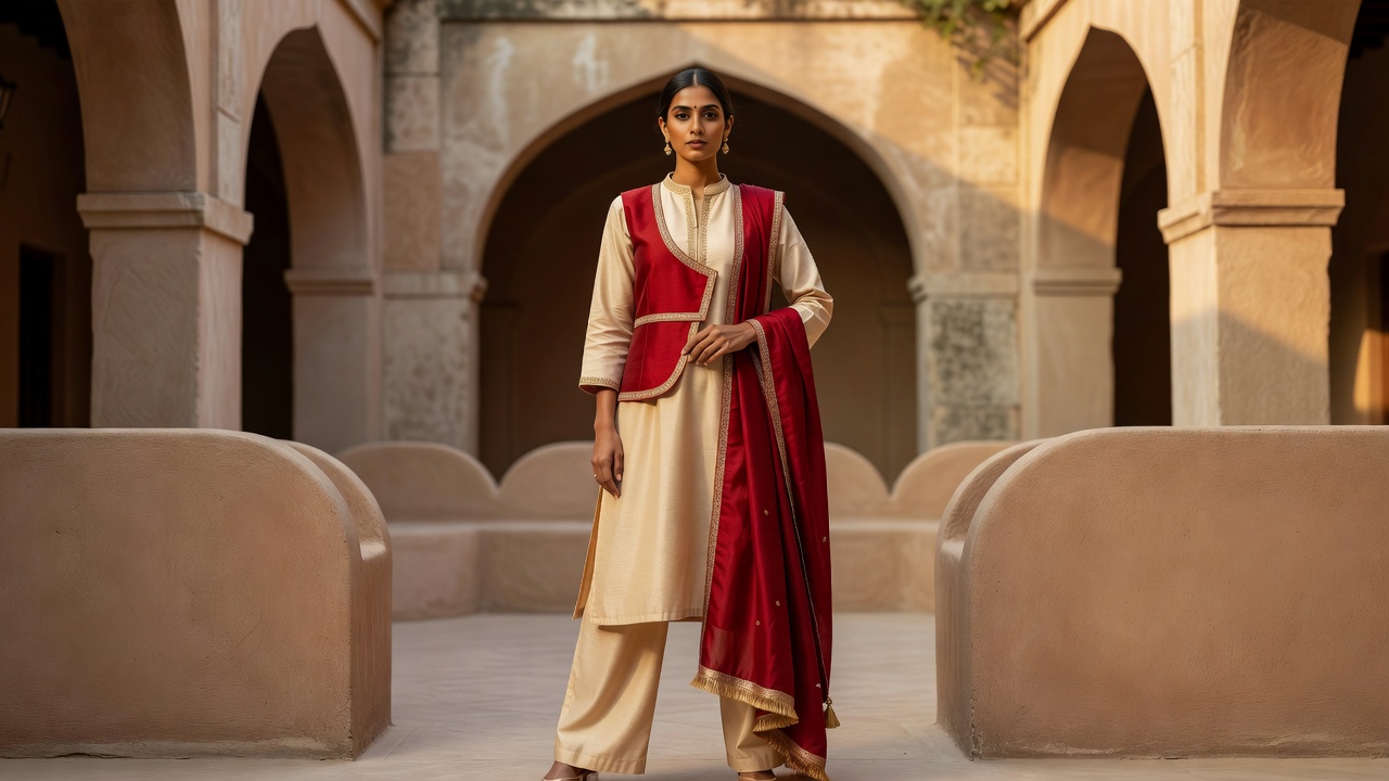 Premium casual layered ivory and crimson apparel
